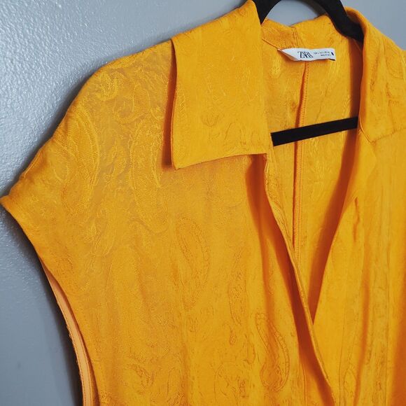 Zara Jumpsuit Womens Size Large Orange Yellow Jacquard Full Length Frayed Hem - Picture 5 of 11